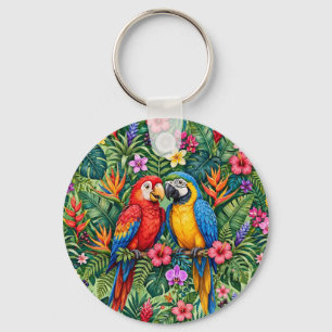 Porte-clés Perroquets de la jungle Macaws Fleurs Vibrantes Jo