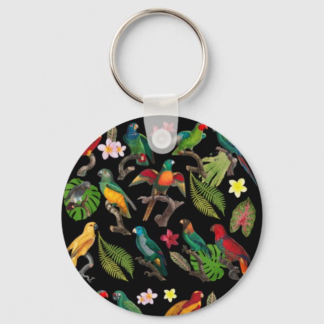 Porte-clés Perroquets tropicaux colorés, Feuilles et fleurs (Recto)