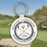 Porte-clés Personalized Classic Golf Club Name<br><div class="desc">Featuring a classic crossed golf clubs and golf ball design and aged stamp effect border,   these key chains are ideal for all golf clubs and golf club members. Personalize with the name of the club member,  golf club name and the year the golf club was established. Designed by Thisisnotme©</div>