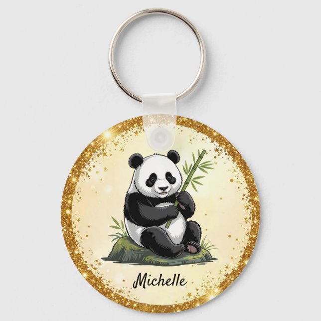 Porte-clés Personalized Cute Panda Bear Greenery Bamboo Gold  (Recto)