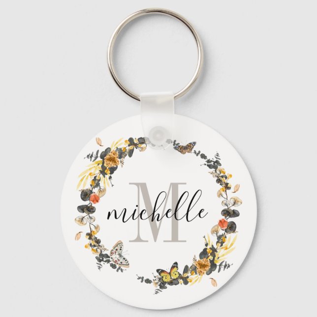 Porte-clés Personalized Floral Monogram Golden Fall Foliage (Recto)