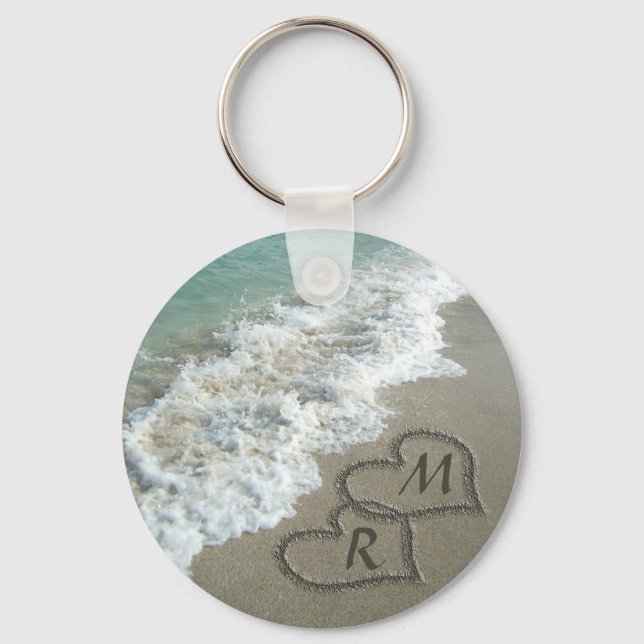 Porte-clés Personalized Monogram Sand Hearts on Beach Ocean (Recto)
