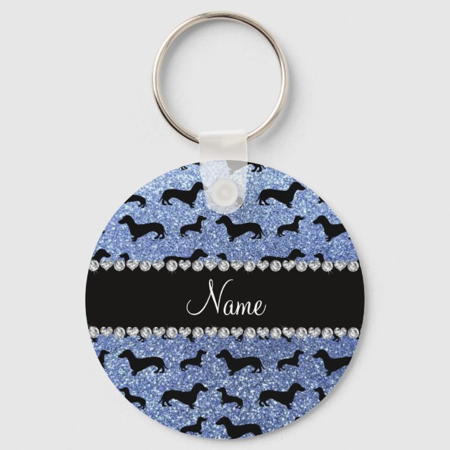 Porte-clés Personalized name light blue glitter dachshunds (Recto)