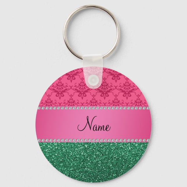 Porte-clés Personalized name pink damask green glitter (Recto)