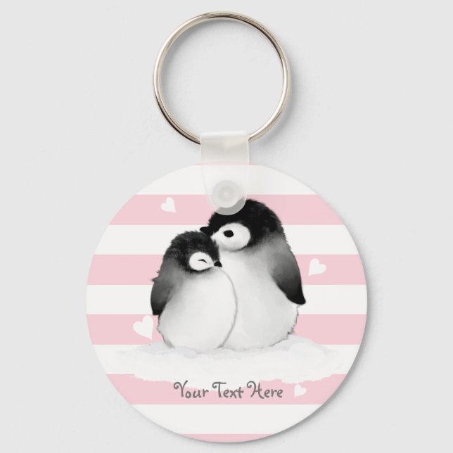 Porte-clés Personalized Penguin Heart Button Keychain Pink (Recto)