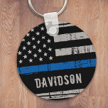 Porte-clés Personalized Thin Blue Line Police Officer<br><div class="desc">Personalized Thin Blue Line Keychain - American flag in Police Flag colors, distressed design . Personalize with Officer's name, or department. This personalized police keychain is perfect for police departments, or as a memorial keepsake. COPYRIGHT © 2020 Judy Burrows, Black Dog Art - All Rights Reserved. Personalized Thin Blue Line...</div>