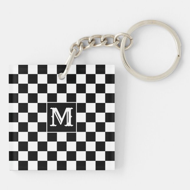 Porte-clés personnalisé avec initiale, damier noir (Dos)
