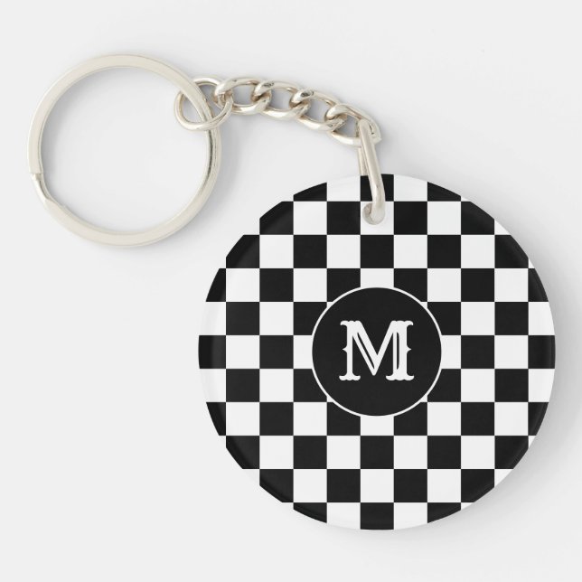 Porte-clés personnalisé avec initiale, damier noir (Devant)