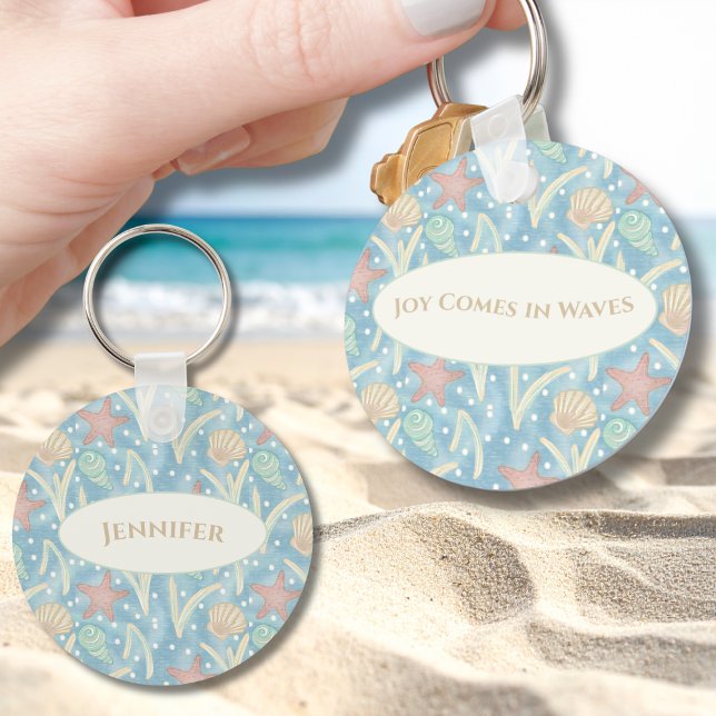Porte-clés personnalisé Boho Beach – Étoiles de me (Personalized Boho Beach Joy Comes in Waves Keychain – Starfish & Shells Coastal Design)