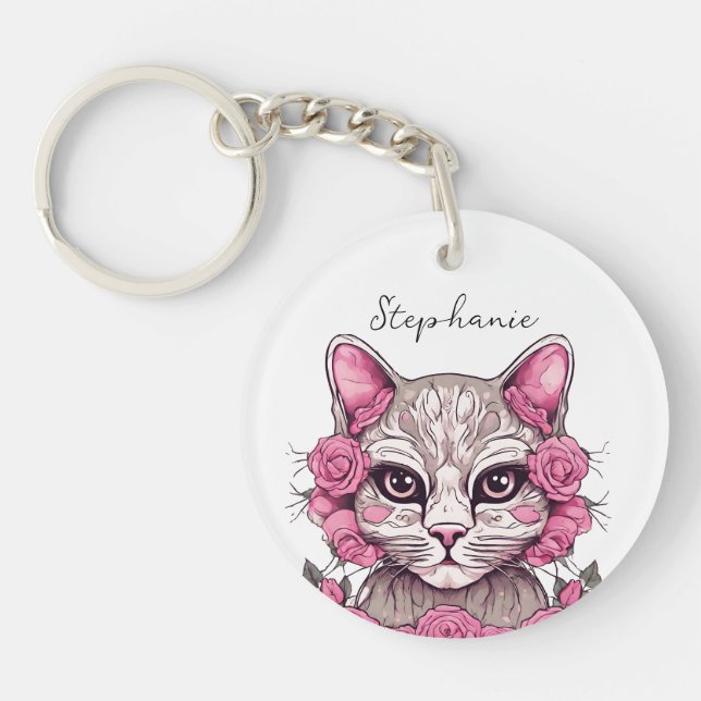 Porte-clés personnalisé Chat avec Roses Roses (Devant)