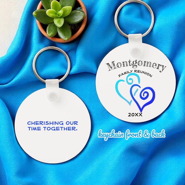 Porte-clés Personnalisé Famille Réunion Foncé Bleu Lié Coeur (template keychain front and back)