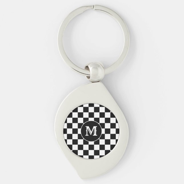 Porte-clés personnalisé initial, damier noir et bl (Devant)