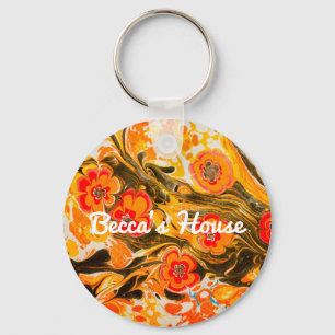 Porte-clés Personnalisé Mod Mid Century Orange Fleurs Jaune B