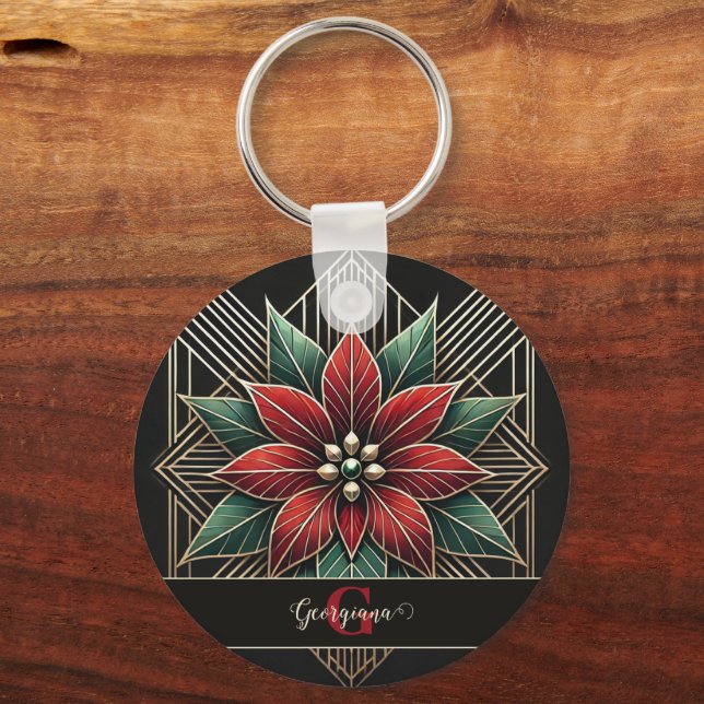 Porte-clés Personnalisé Retro Art Déco Floral Poinsettia (Recto)
