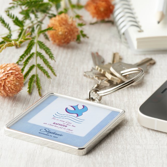 Porte-clés Personnaliser, Adulte Baptême Dove on Blue (Côté)