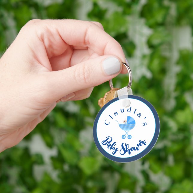 Porte-clés Personnaliser le Baby shower de transport bleu Fav (main)
