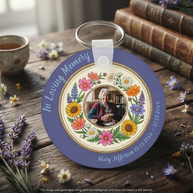 Porte-clés Pervenche de Fleur Sauvage Commémorative (Colorful floral photo keychain for a grieving family at a cottagecore celebration of life service.)