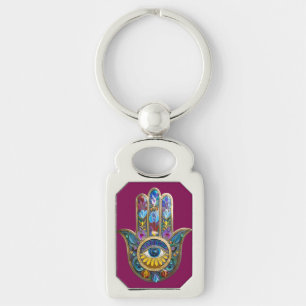 Porte-clés Pétales Colorés Feuilles Hamsa Saphir Troisième Œi
