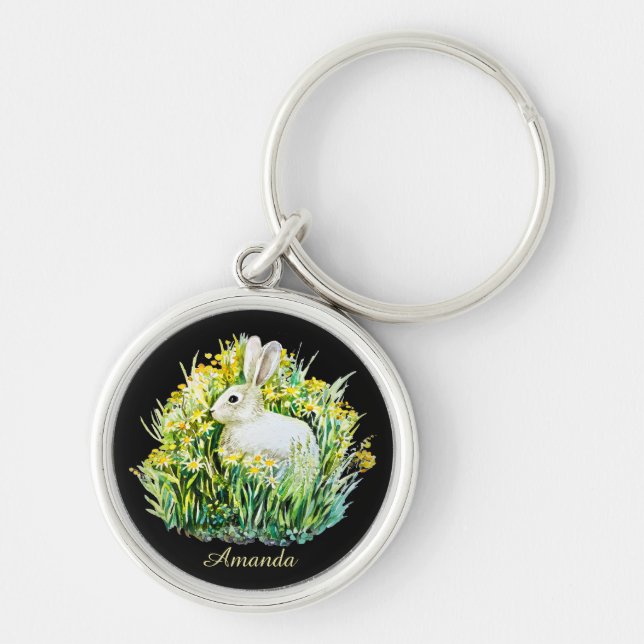 Porte-clés Petit lapin blanc et fleurs (Devant)