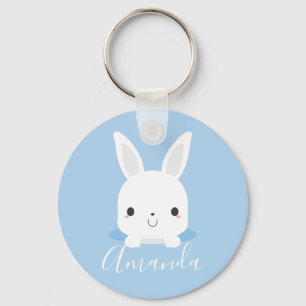 Porte-clés Petit lapin bleu mignon avec nom personnalisé