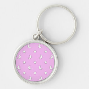 Porte-clés Petites étoiles blanches et lunes sur fond rose
