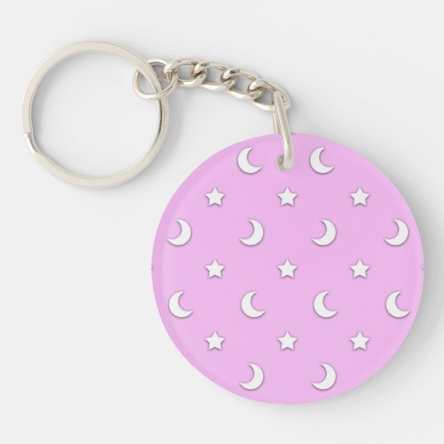 Porte-clés Petites étoiles blanches et lunes sur fond rose (Devant)