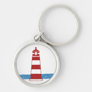 Porte-clés Phare rayé rouge et blanc de l'océan bleu nautique