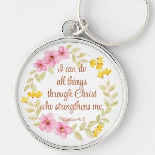 Porte-clés Philippiens 4:13 Écriture florale rose et jaune