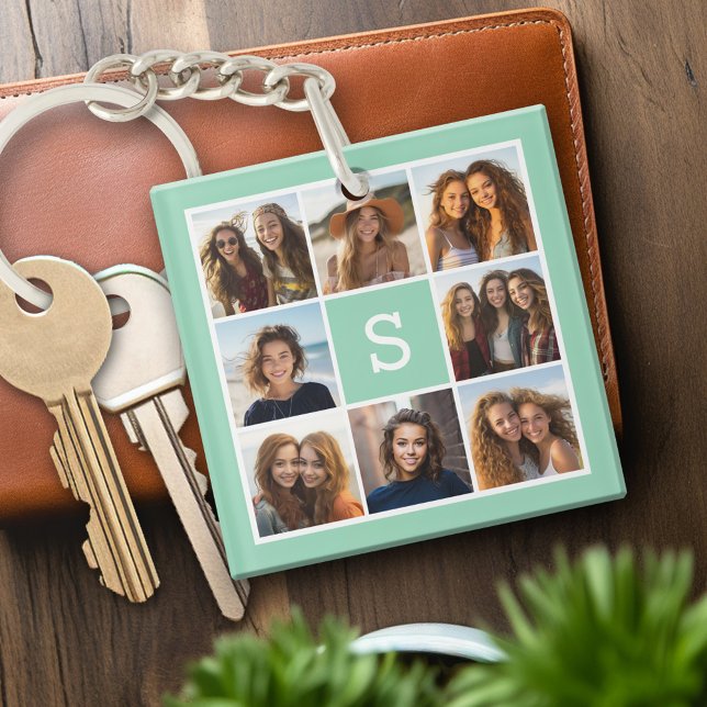 Porte-clés Photo Collage personnalisé Monogramme Mention vert (Personalized keychain with photo collage and monogram)
