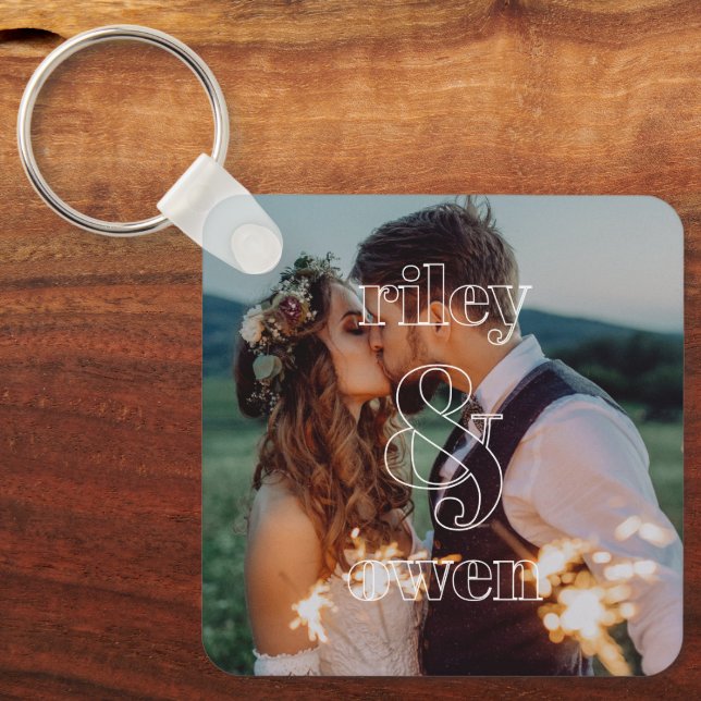 Porte-clés Photo de couple de fiançailles avec monogramme mod (Recto)