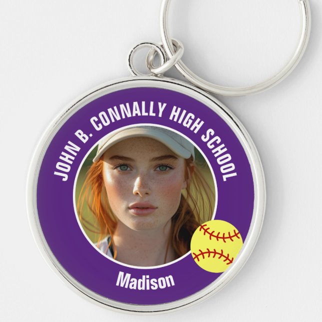 Porte-clés Photo de joueuse de softball violet Cadeau de lycé (Devant)