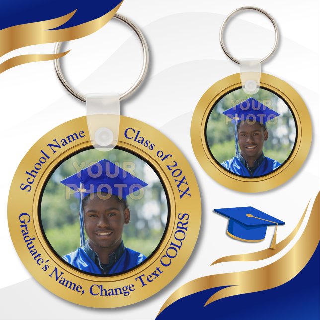 Porte-clés Photo et Fête de la Graduation Personnalisée Favor (Cheap graduation party favors personalized. Blue and Gold graduation party supplies. Grad Souvenirs.)