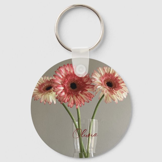 Porte-clés Photo Happy Gerbera Rose Flower +Custom Name (Recto)