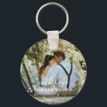 Porte-clés Photo Mariage Personnalisée Avec Calligraphie Mode<br><div class="desc">Le design a un cadre rectangulaire blanc sur le bas et des textes de calligraphie moderne qui peuvent être customisés à votre préférence. Remplacez l'image au centre par votre propre photo mariage. Il fera un joli cadeau de mariage fait sur mesure pour vos invités ou pour votre propre souvenir.</div>