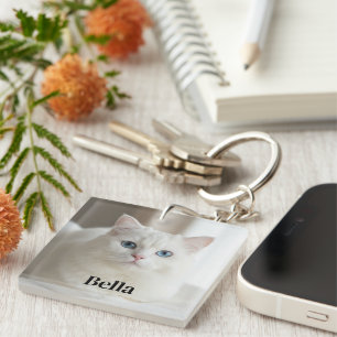 Porte-clés photo personnalisé avec un joli chat bl