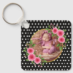 Porte-clés Photo personnalisée Black White Polka Dot Fête des