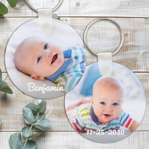 Porte-clés Photo personnalisée pour bébé Nom et anniversaire