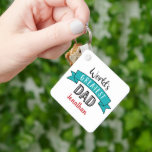 Porte-clés Photo World’s Greatest Dad Typography Name Blue<br><div class="desc">“World’s Greatest Dad.” Let Dad know what you really think of him. Cool, modern black, red, and white typography and a turquoise blue banner overlay a white background. Customize with his name and add a photo for the perfect, personalized keepsake keychain he’ll use every day. This aluminum keychain comes in...</div>
