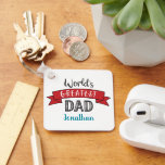 Porte-clés Photo World’s Greatest Dad Typography Name Red<br><div class="desc">“World’s Greatest Dad.” Let Dad know what you really think of him. Cool, modern black, turquoise blue, and white typography and a red banner overlay a white background. Customize with his name and add a photo for the perfect, personalized keepsake keychain he’ll use every day. This aluminum keychain comes in...</div>