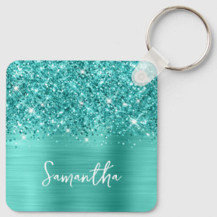 Porte-clés Photographie Pailletée Sarcelle Turquoise Glam Sig