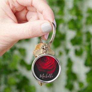 Porte-clés Photographie vintage de rose rouge avec monogramme