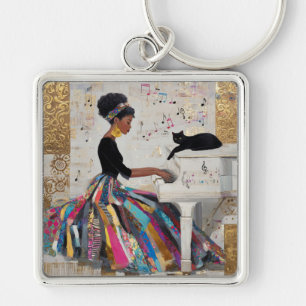 Porte-clés Pianiste noire en feuille d'or et chat