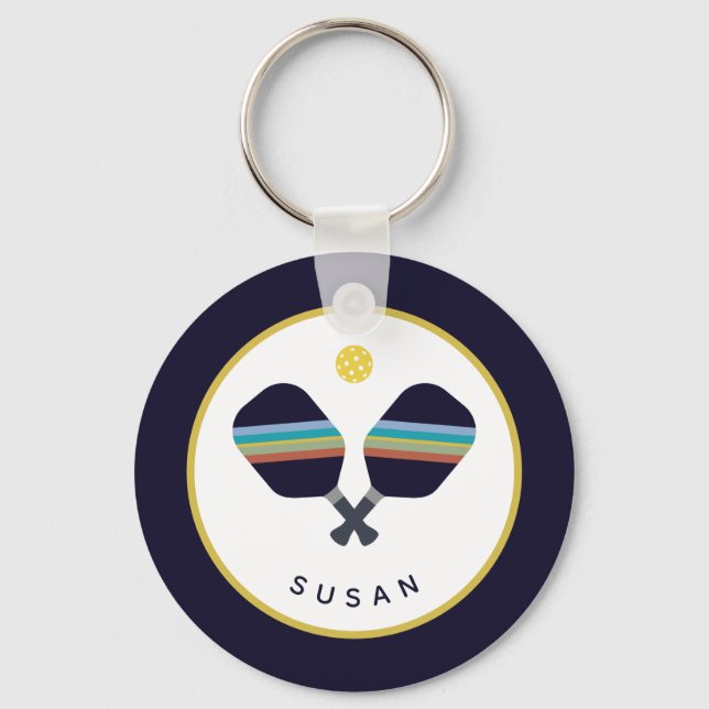 Porte-clés Pickleball Paddles Nom personnalisé Bleu Jaune (Recto)