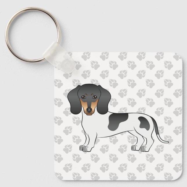 Porte-clés Piebald Noir Et Tan Manteau Doux Dachshund Chien (Recto)