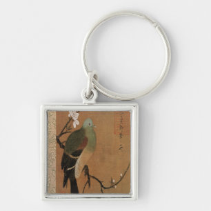 Porte-clés Pigeon sur le floral japonais vintage de pêcher