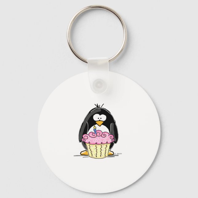 Porte-clés Pingouin d'anniversaire avec Cupcake (Recto)