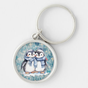 Porte-clés Pingouins D'Aquarelle Bleu D'Hiver Avec Écharpes