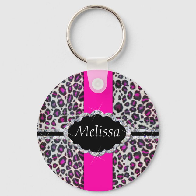 Porte-clés Pink Cheetah Print Diamond Monogram (Recto)