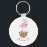 Porte-clés Pink Flamingo in Santa Hat Whimsical Christmas<br><div class="desc">A keychain with a tropical themed Christmas flamingo wearing a pink santa hat. Underneath its feet is a candy cane bouquet with pretty tropical flowers and pink berries. A sprig of holly on its chest.</div>