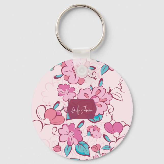 Porte-clés Pink Floral Blossom Script Name Paper Coaster (Recto)